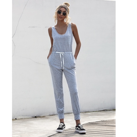 Casual Grey Jumpsuit Drawstring Waist - Picture 3 of 10